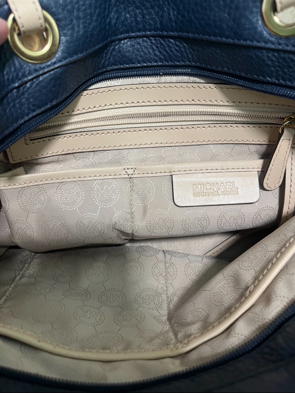 Michael Kors Navy Leather Tote with Beige Straps - Picture 7 of 7